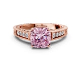 Rose gold Fancy Pink Cushion Cut Cut Diamond Milgrain Pave Band Four-Prong Setting Ring_3