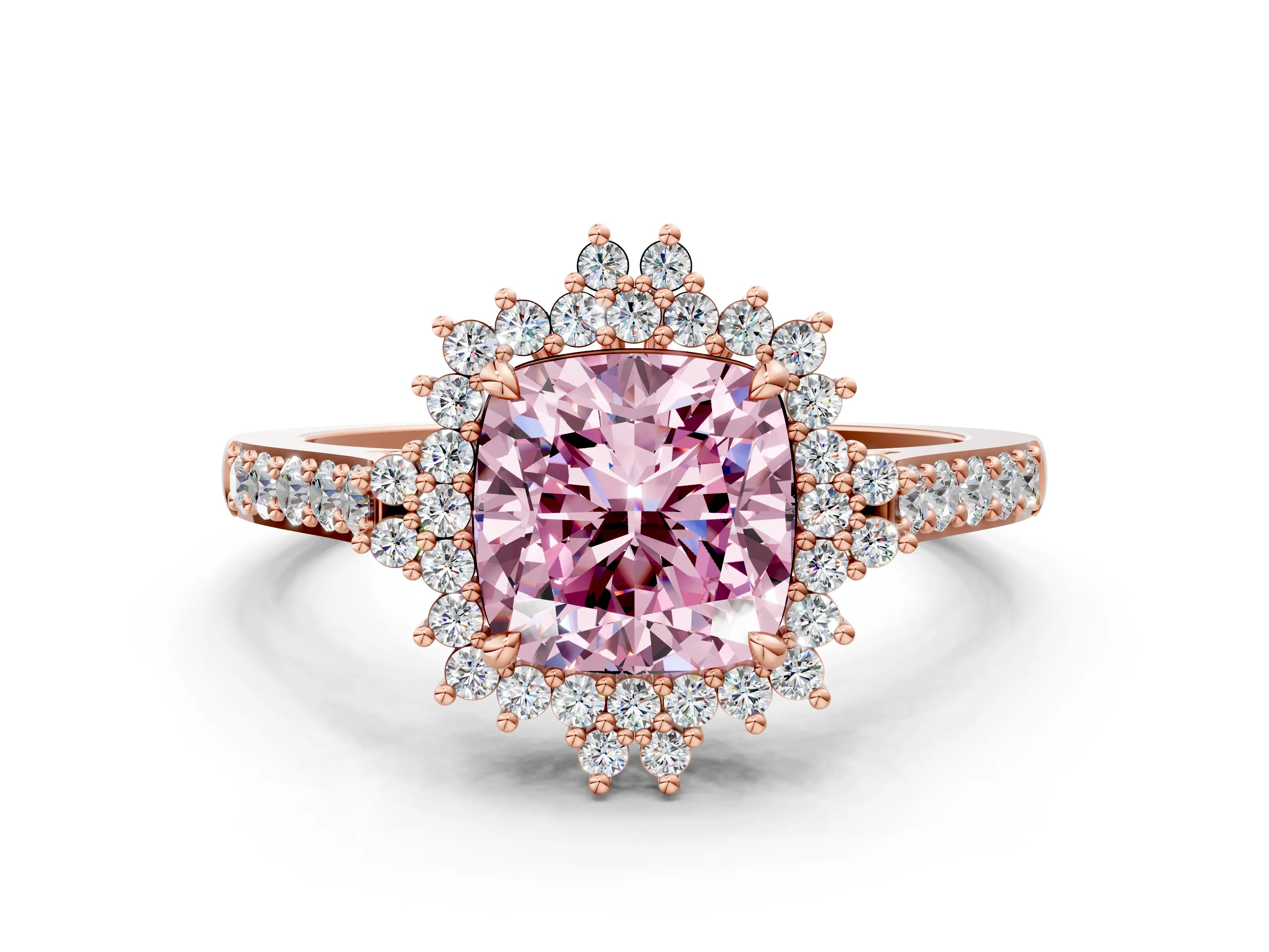 Rose gold Fancy Pink Cushion Cut Cut Diamond Sunburst Halo Engagement Ring with Pavé Band