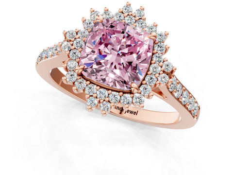 Rose gold Fancy Pink Cushion Cut Cut Diamond Sunburst Halo Engagement Ring with Pavé Band_1