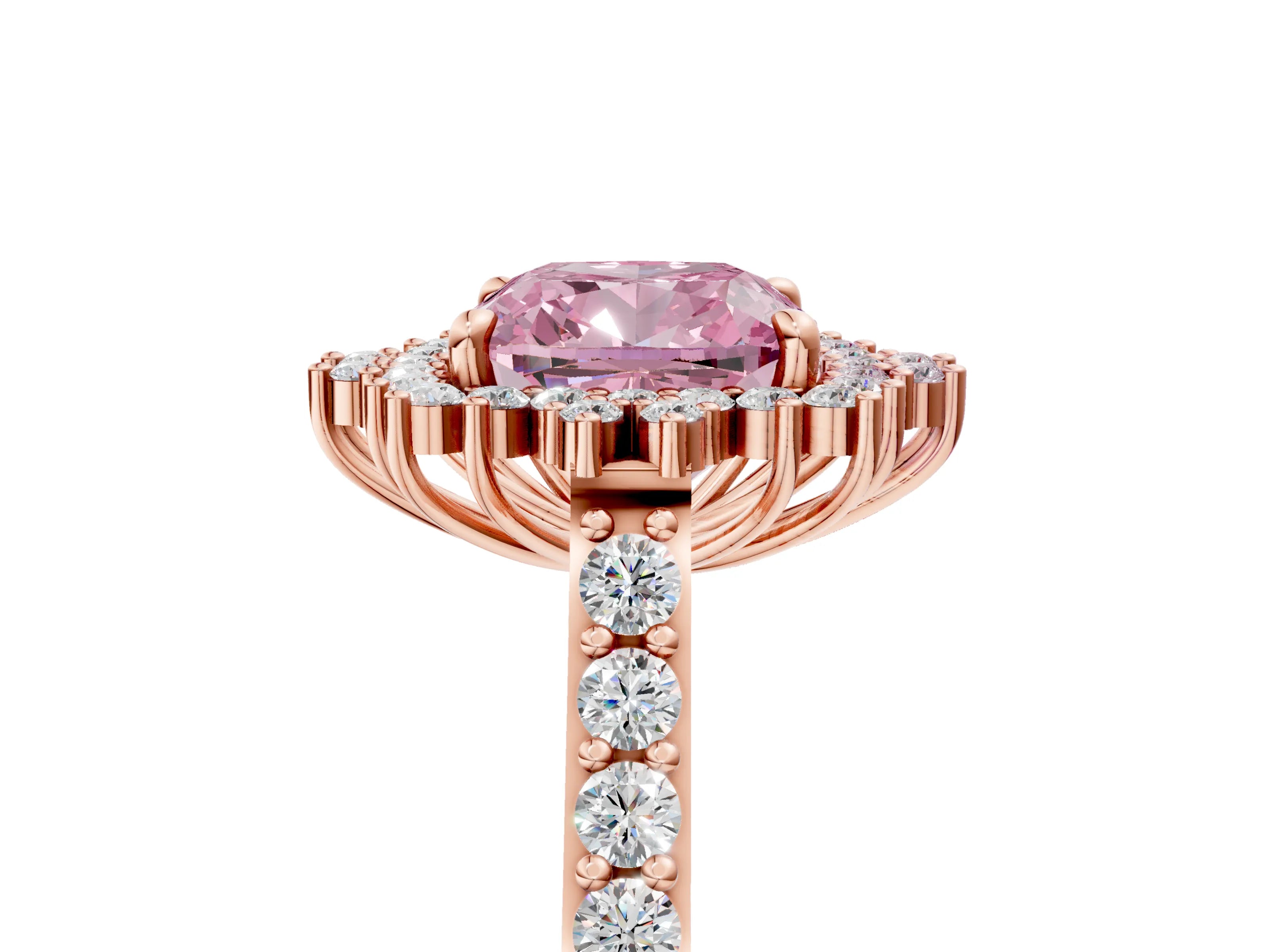 Rose gold Fancy Pink Cushion Cut Cut Diamond Sunburst Halo Engagement Ring with Pavé Band_5