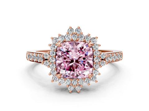 Rose gold Fancy Pink Cushion Cut Cut Diamond Sunburst Halo Engagement Ring with Pavé Band
