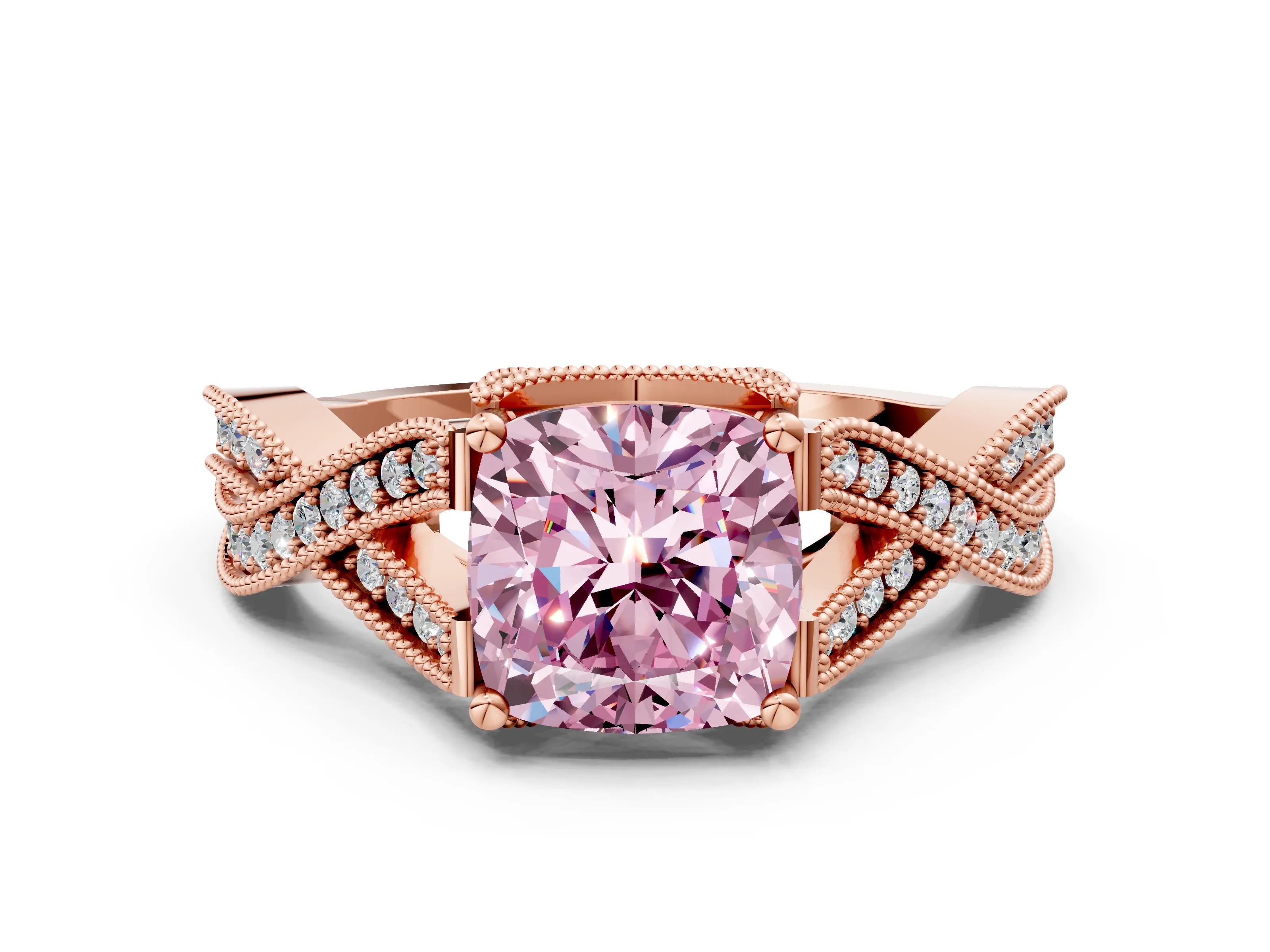 Rose gold Fancy Pink Cushion Cut Cut Diamond Twisted Band with Milgrain Pave Setting and Four-Prong Setting