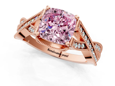 Rose gold Fancy Pink Cushion Cut Cut Diamond Twisted Band with Milgrain Pave Setting and Four-Prong Setting_1