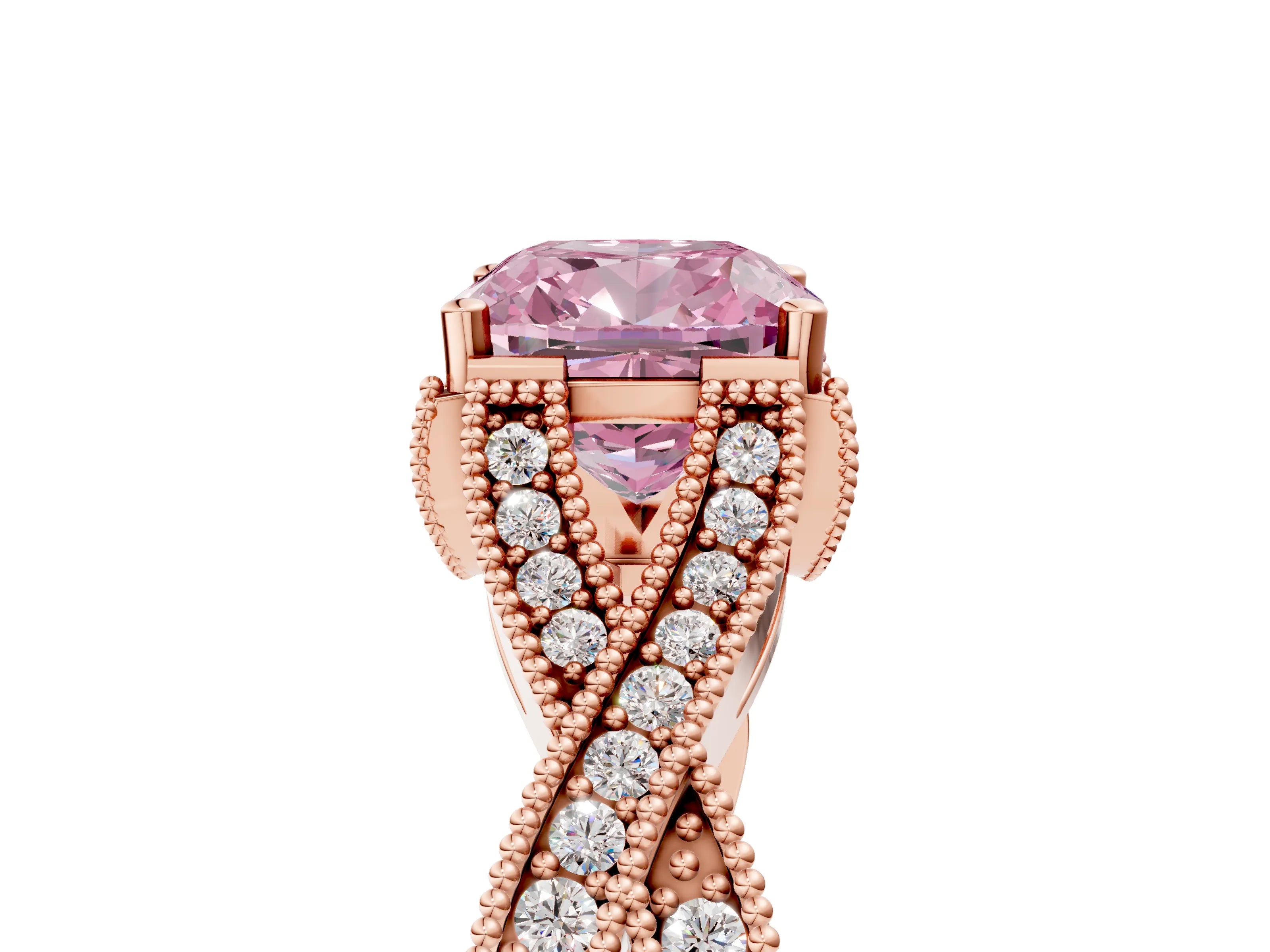 Rose gold Fancy Pink Cushion Cut Cut Diamond Twisted Band with Milgrain Pave Setting and Four-Prong Setting_5