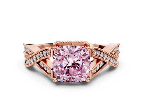 Rose gold Fancy Pink Cushion Cut Cut Diamond Twisted Band with Milgrain Pave Setting and Four-Prong Setting