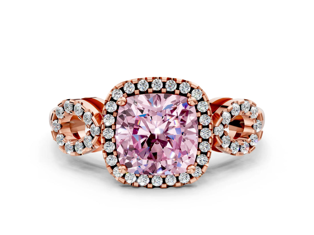 Rose gold Fancy Pink Cushion Cut Cut Halo Diamond Infinity Band with Four-Prong Setting