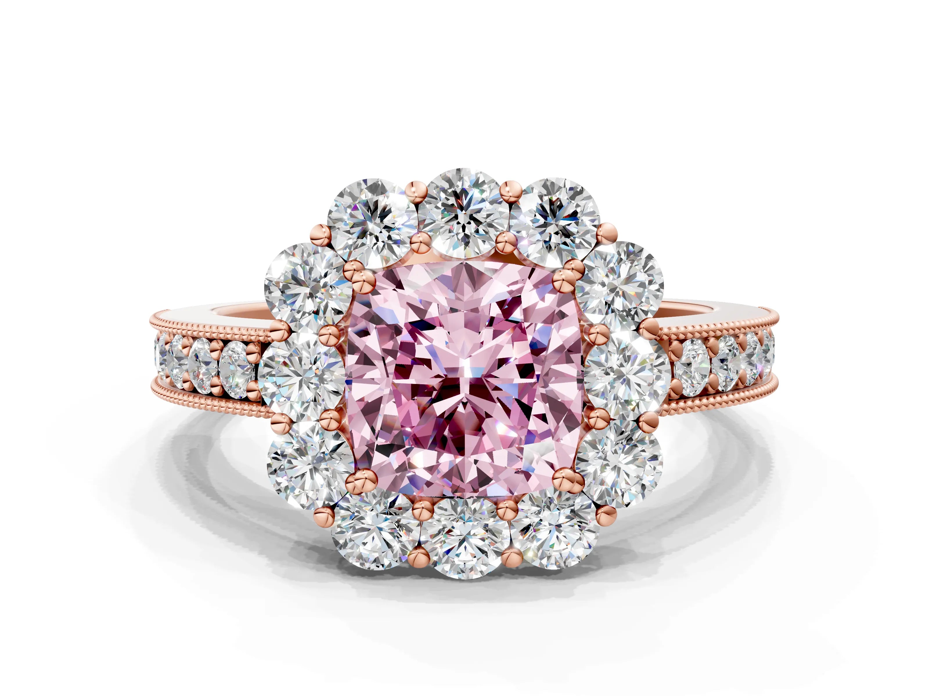 Rose gold Fancy Pink Cushion Cut Cut Halo Diamond Pavé Engagement Ring with Milgrain Detailing