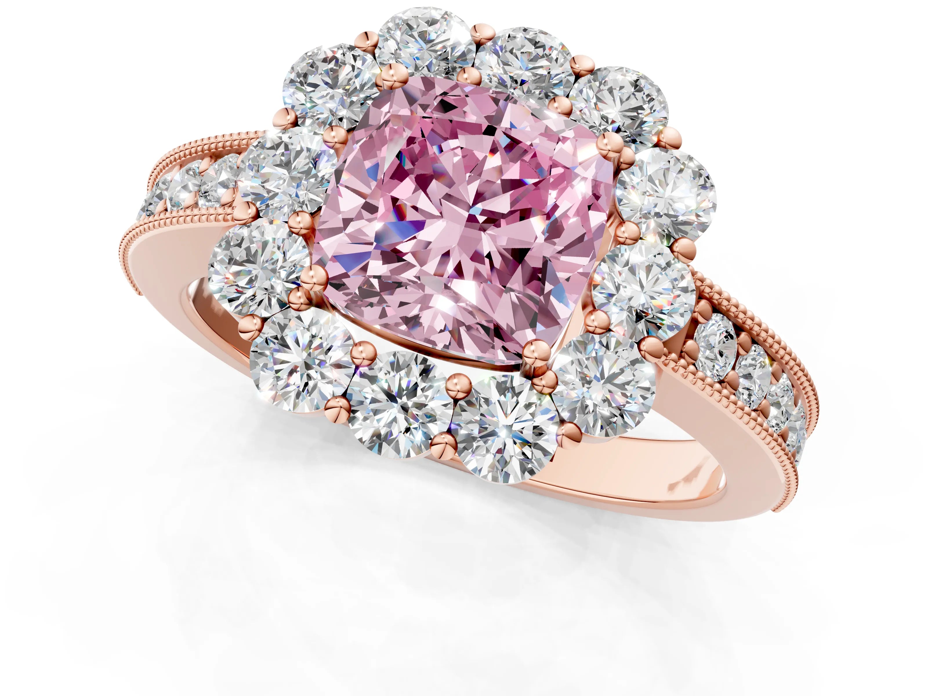 Rose gold Fancy Pink Cushion Cut Cut Halo Diamond Pavé Engagement Ring with Milgrain Detailing_1