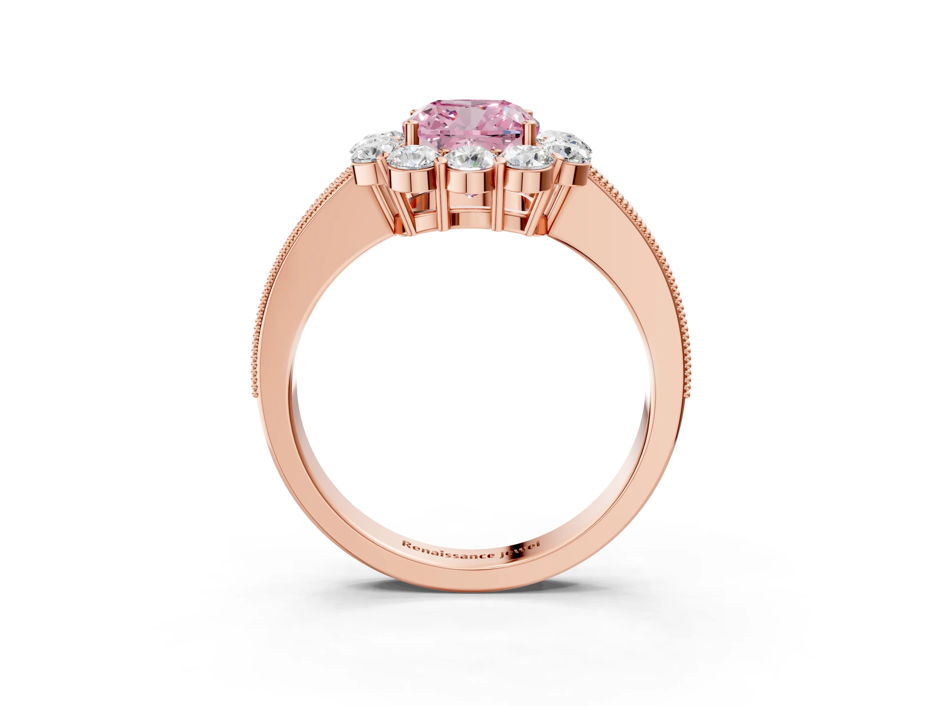 Rose gold Fancy Pink Cushion Cut Cut Halo Diamond Pavé Engagement Ring with Milgrain Detailing_3