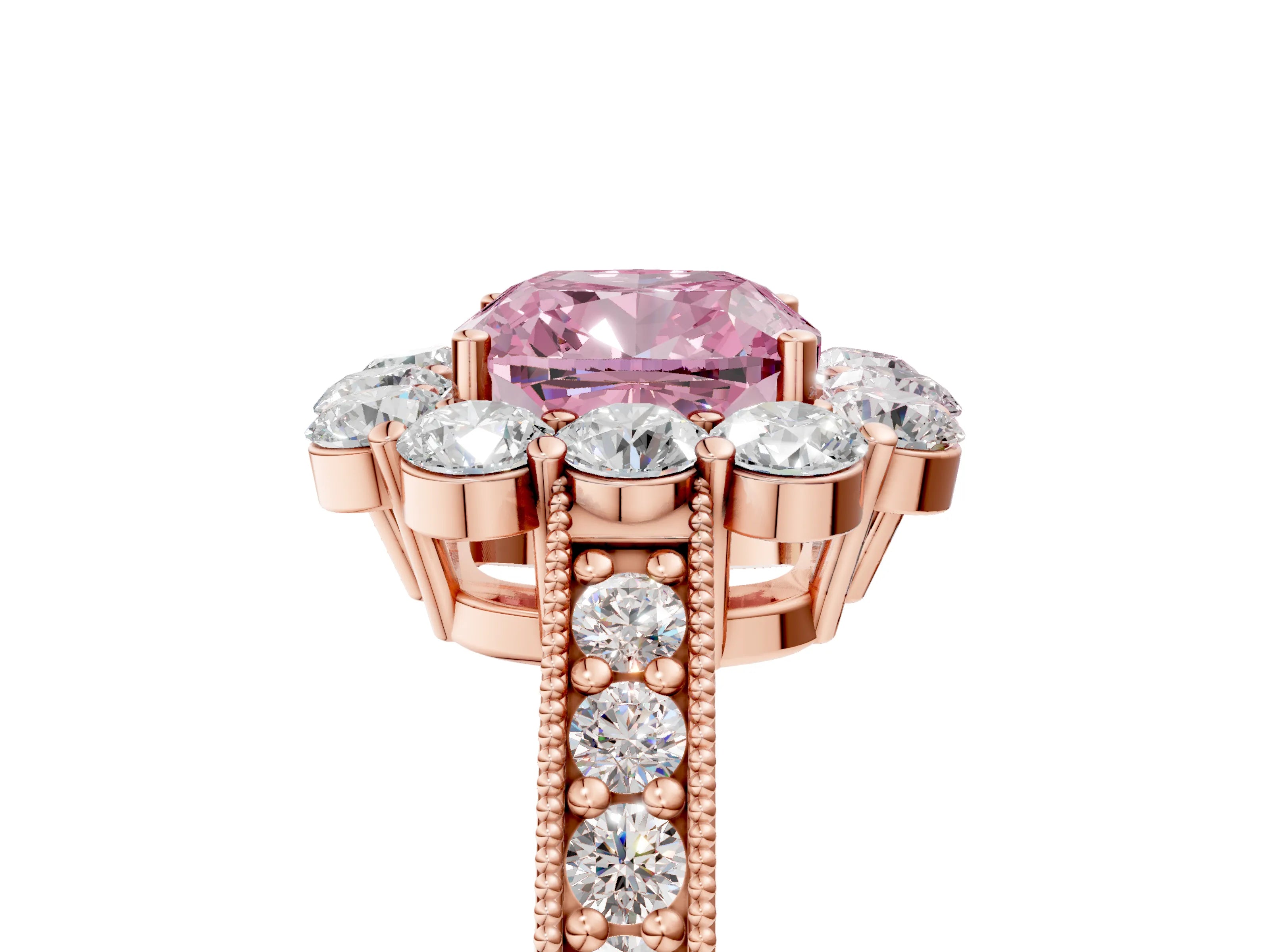 Rose gold Fancy Pink Cushion Cut Cut Halo Diamond Pavé Engagement Ring with Milgrain Detailing_5