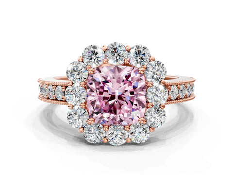Rose gold Fancy Pink Cushion Cut Cut Halo Diamond Pavé Engagement Ring with Milgrain Detailing