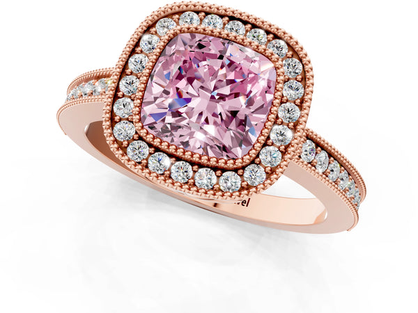 Rose Gold Cushion Cut Double Milgrain Halo Engagement Ring Setting for Fancy Pink Center