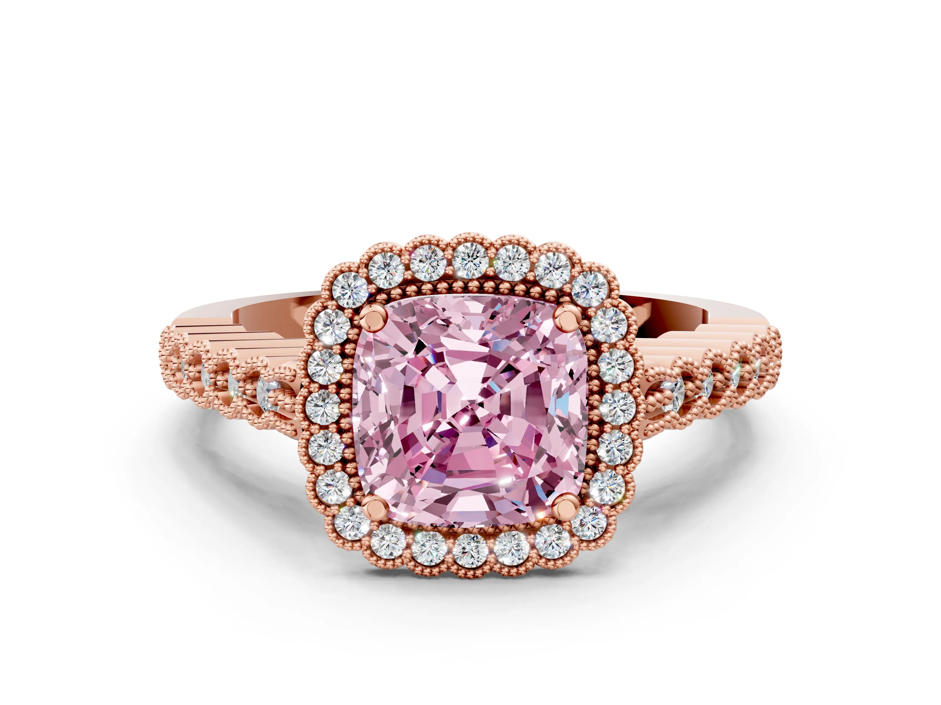 Rose gold Fancy Pink Cushion Cut Cut Halo Pavé Solitaire Ring with Milgrain Band