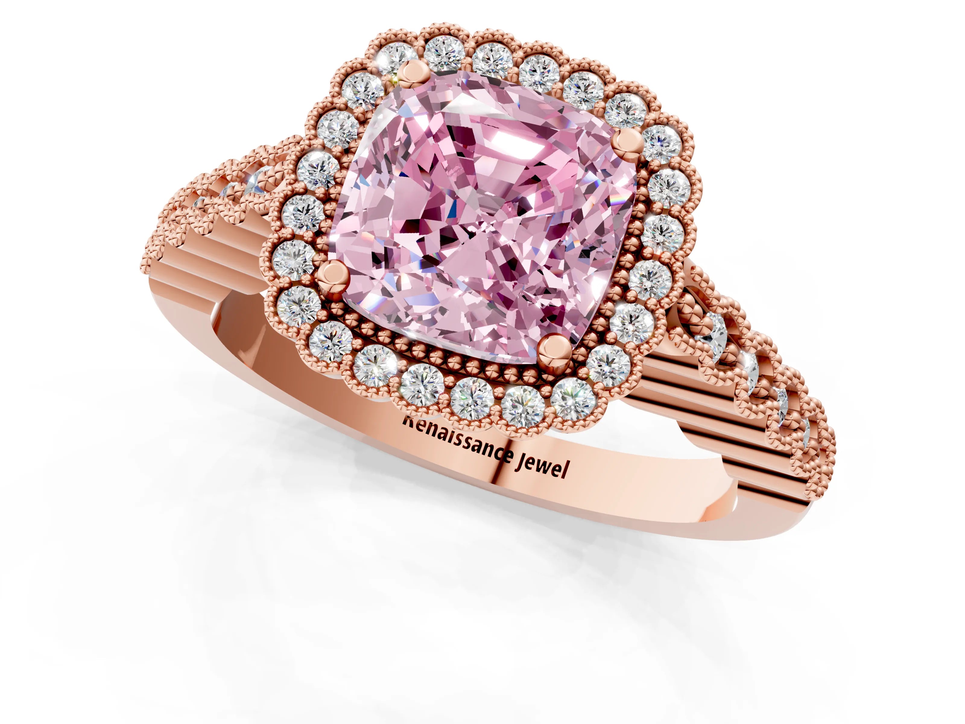 Rose gold Fancy Pink Cushion Cut Cut Halo Pavé Solitaire Ring with Milgrain Band_1