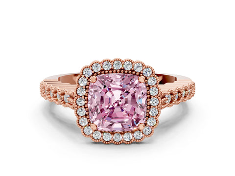 Rose gold Fancy Pink Cushion Cut Cut Halo Pavé Solitaire Ring with Milgrain Band