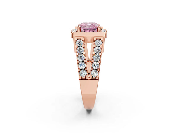 Rose Gold Cushion Cut Halo Engagement Ring Setting for Fancy Pink Center with Bar Shoulders