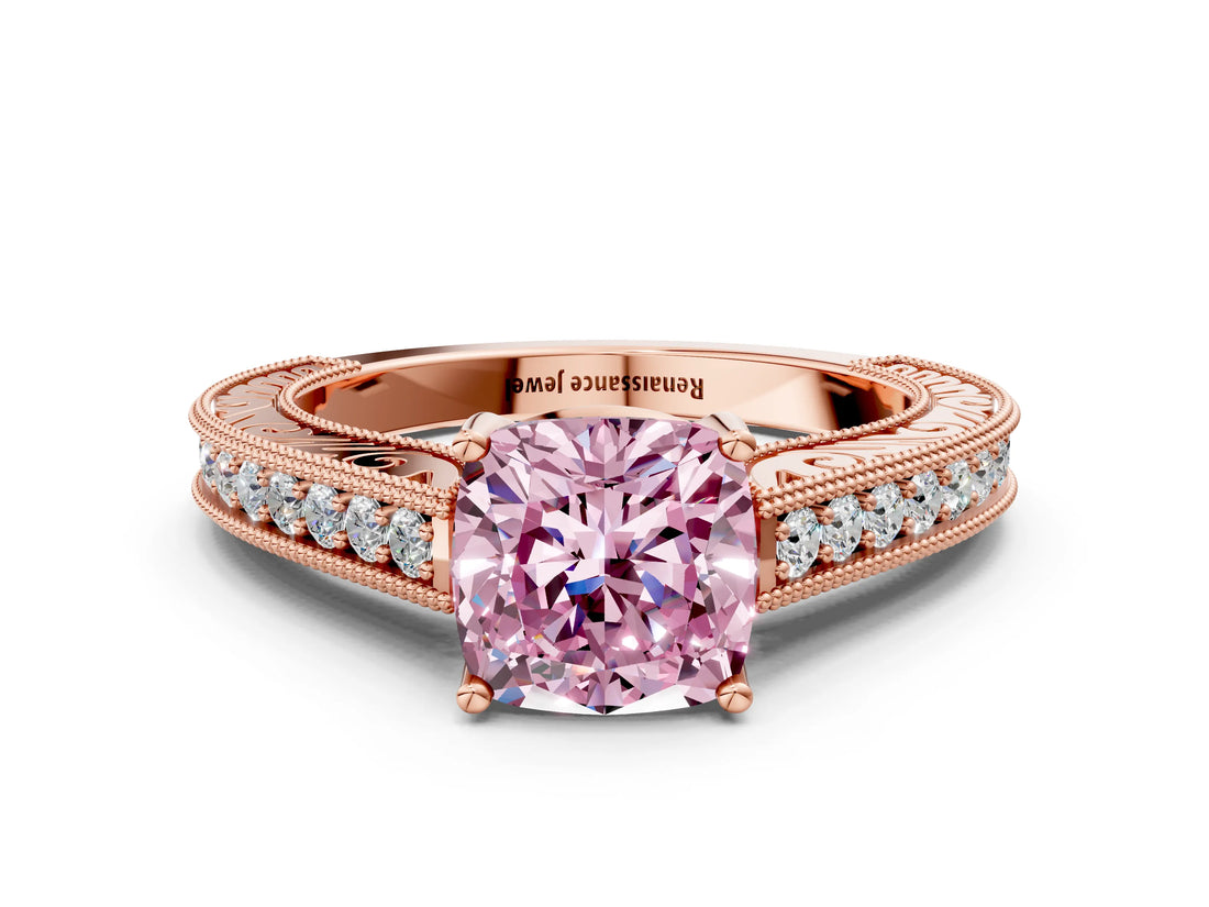Rose gold Fancy Pink Cushion Cut Cut Pave Band Milgrain Solitaire Ring