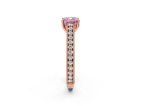 Rose gold Fancy Pink Cushion Cut Cut Pave Band Milgrain Solitaire Ring_2