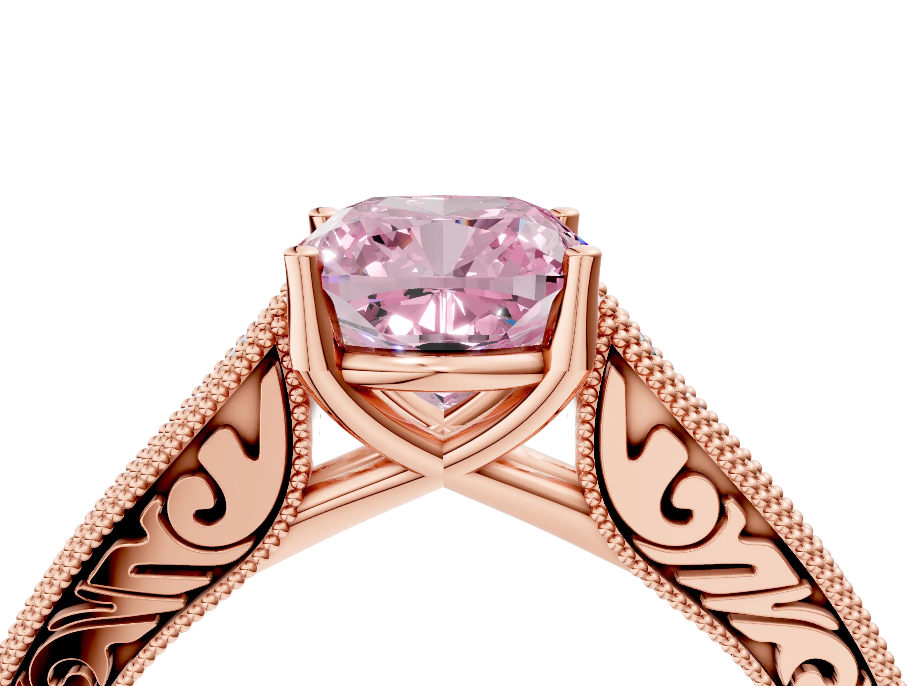 Rose gold Fancy Pink Cushion Cut Cut Pave Band Milgrain Solitaire Ring_4