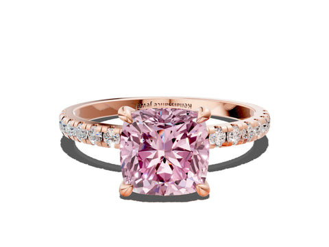 Rose gold Fancy Pink Cushion Cut Diamond Brilliant Solitaire Ring with Pavé Band and Four-Prong Setting