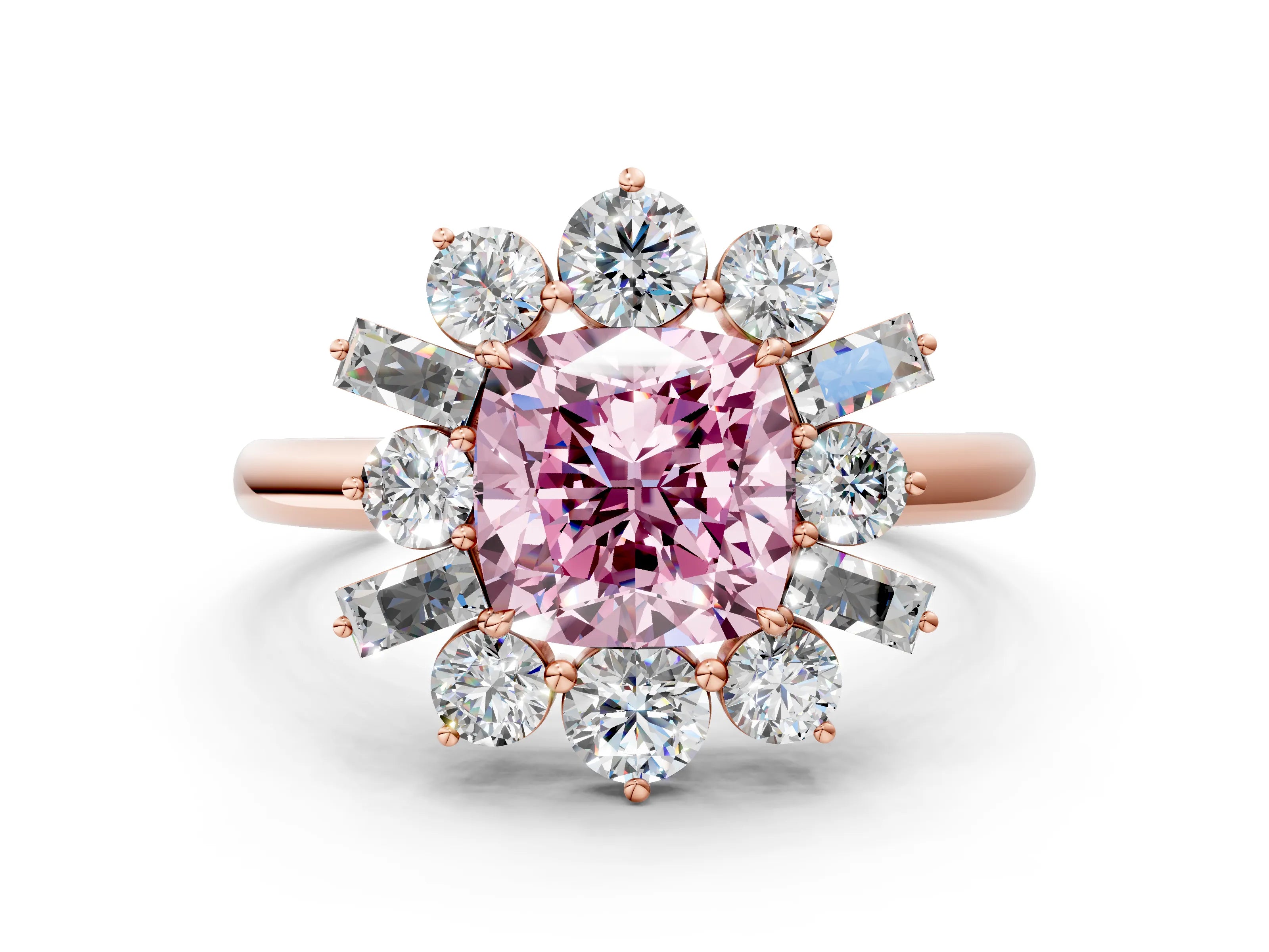 Rose gold Fancy Pink Cushion Cut Diamond Cluster Ring with Round and Baguette Stones, Split Shank Band, Prong Setting