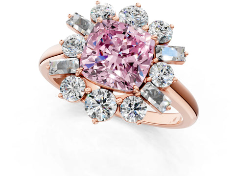 Rose gold Fancy Pink Cushion Cut Diamond Cluster Ring with Round and Baguette Stones, Split Shank Band, Prong Setting_1
