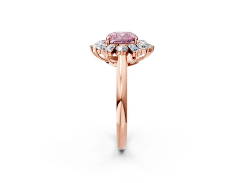 Rose gold Fancy Pink Cushion Cut Diamond Cluster Ring with Round and Baguette Stones, Split Shank Band, Prong Setting_2