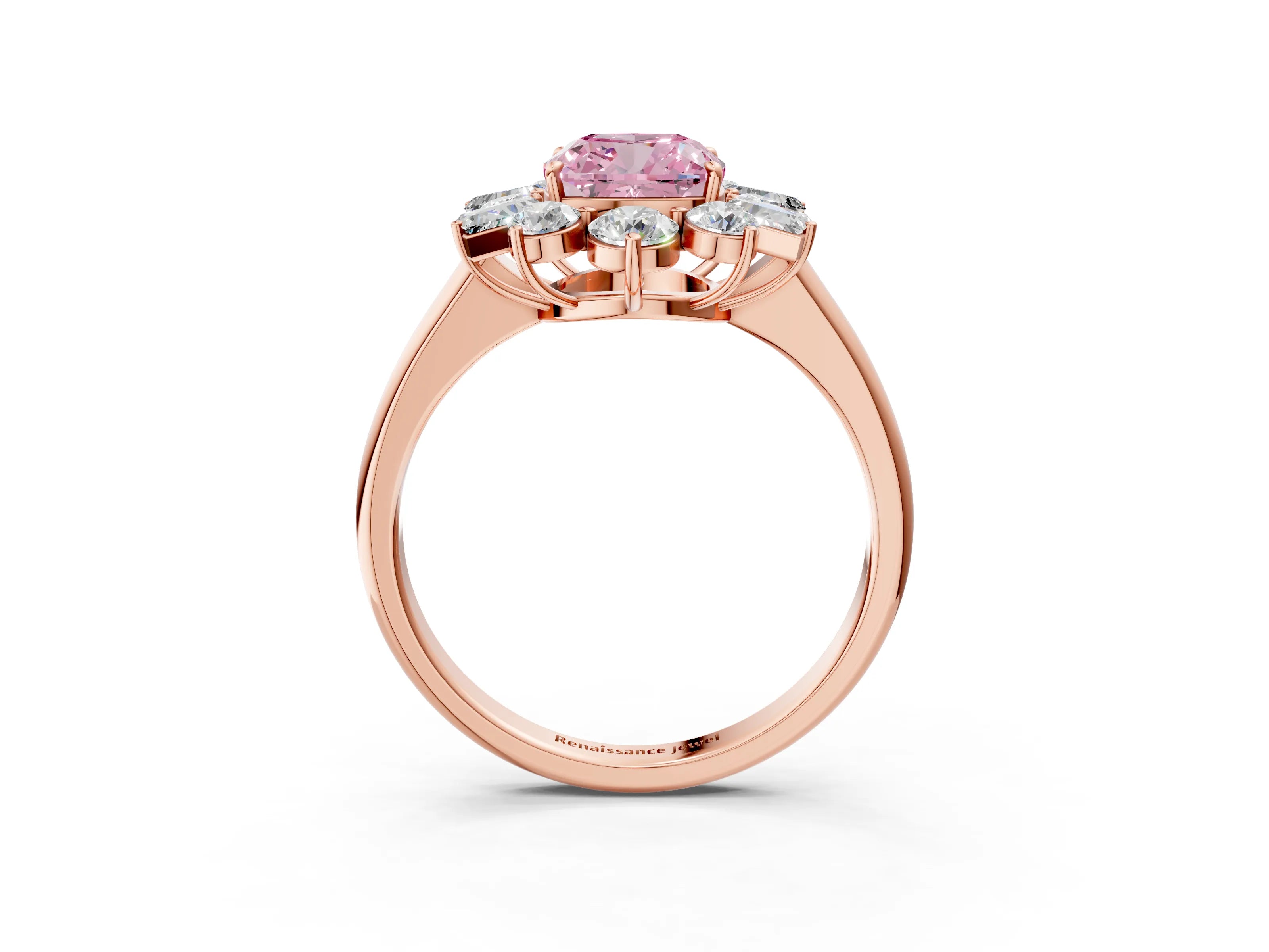 Rose gold Fancy Pink Cushion Cut Diamond Cluster Ring with Round and Baguette Stones, Split Shank Band, Prong Setting_3
