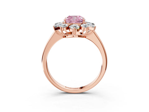 Rose gold Fancy Pink Cushion Cut Diamond Cluster Ring with Round and Baguette Stones, Split Shank Band, Prong Setting_3