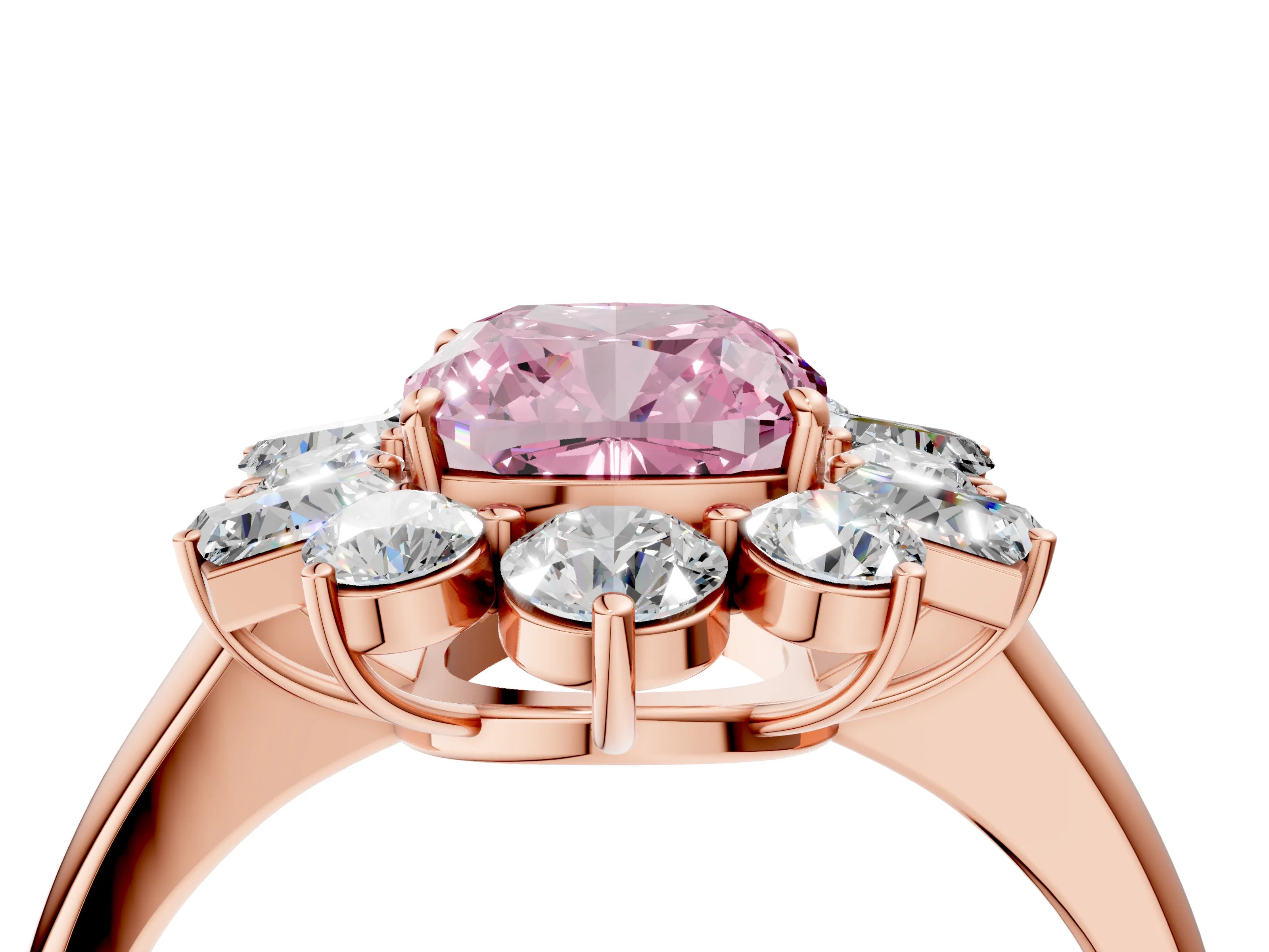 Rose gold Fancy Pink Cushion Cut Diamond Cluster Ring with Round and Baguette Stones, Split Shank Band, Prong Setting_4