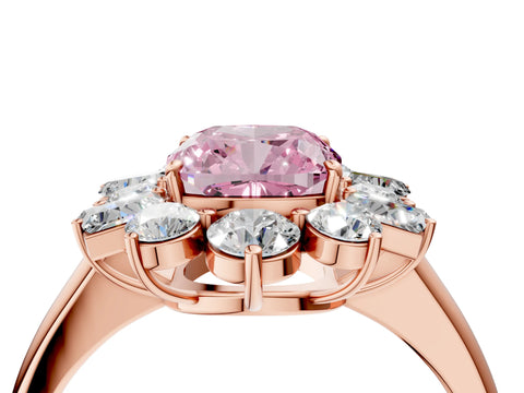 Rose gold Fancy Pink Cushion Cut Diamond Cluster Ring with Round and Baguette Stones, Split Shank Band, Prong Setting_4