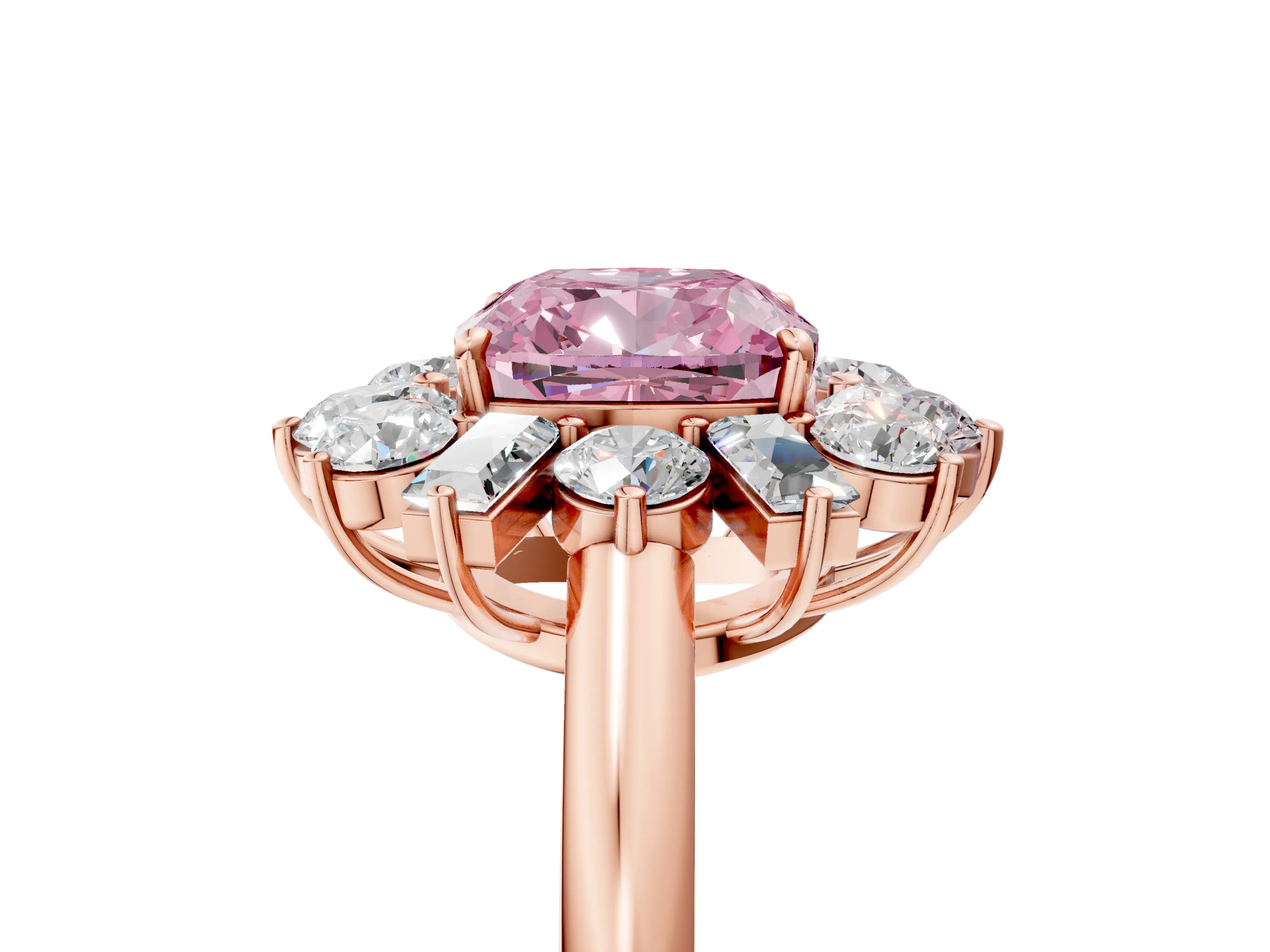 Rose gold Fancy Pink Cushion Cut Diamond Cluster Ring with Round and Baguette Stones, Split Shank Band, Prong Setting_5