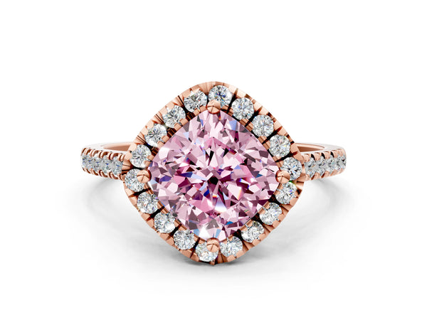 Rose gold Fancy Pink Cushion Cut Diamond Cushion Halo Ring with Pavé Band