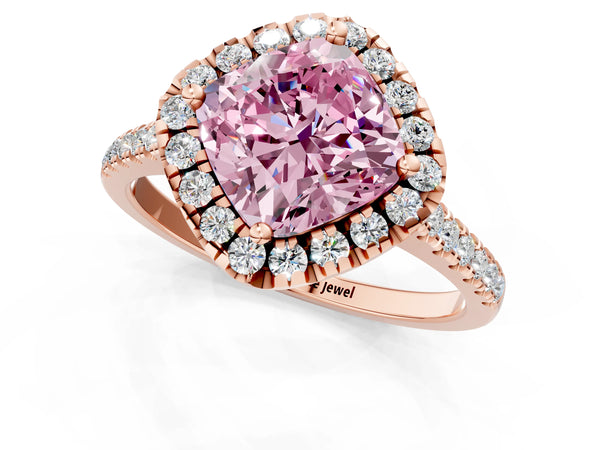 Rose gold Fancy Pink Cushion Cut Diamond Cushion Halo Ring with Pavé Band