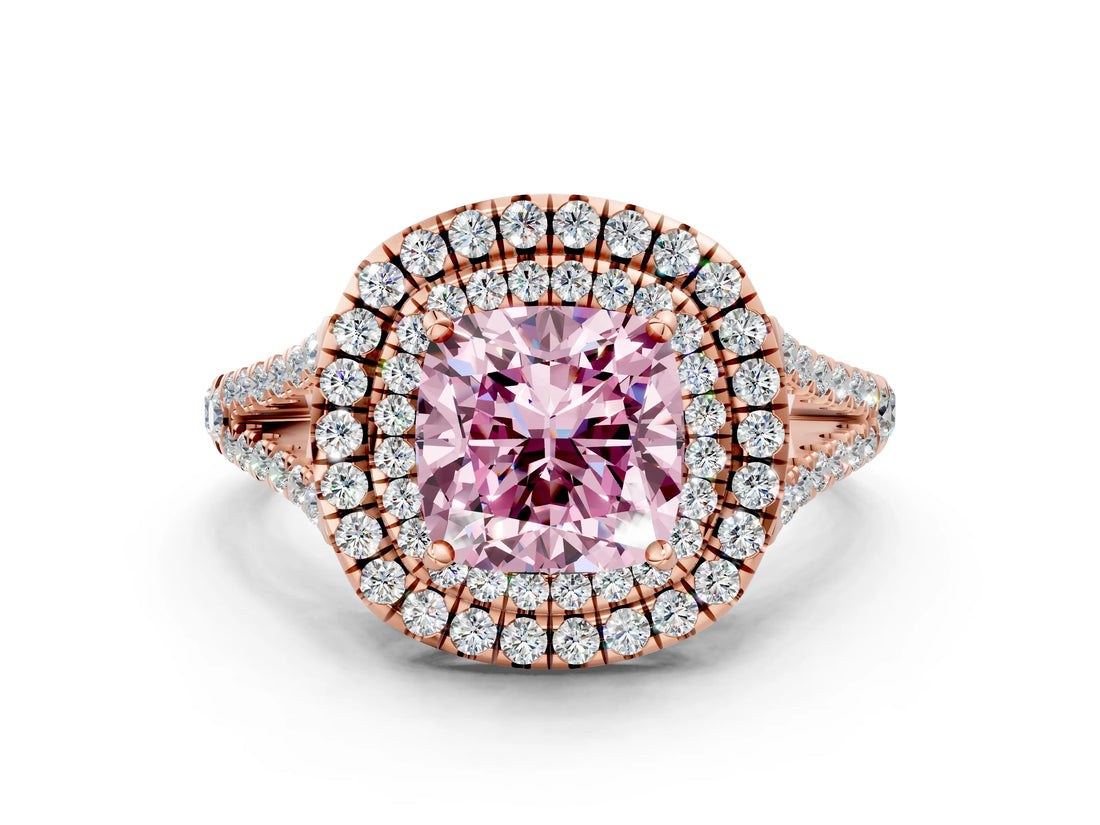 Rose gold Fancy Pink Cushion Cut Diamond Double Halo Ring with Pavé Band and Prong Setting_75