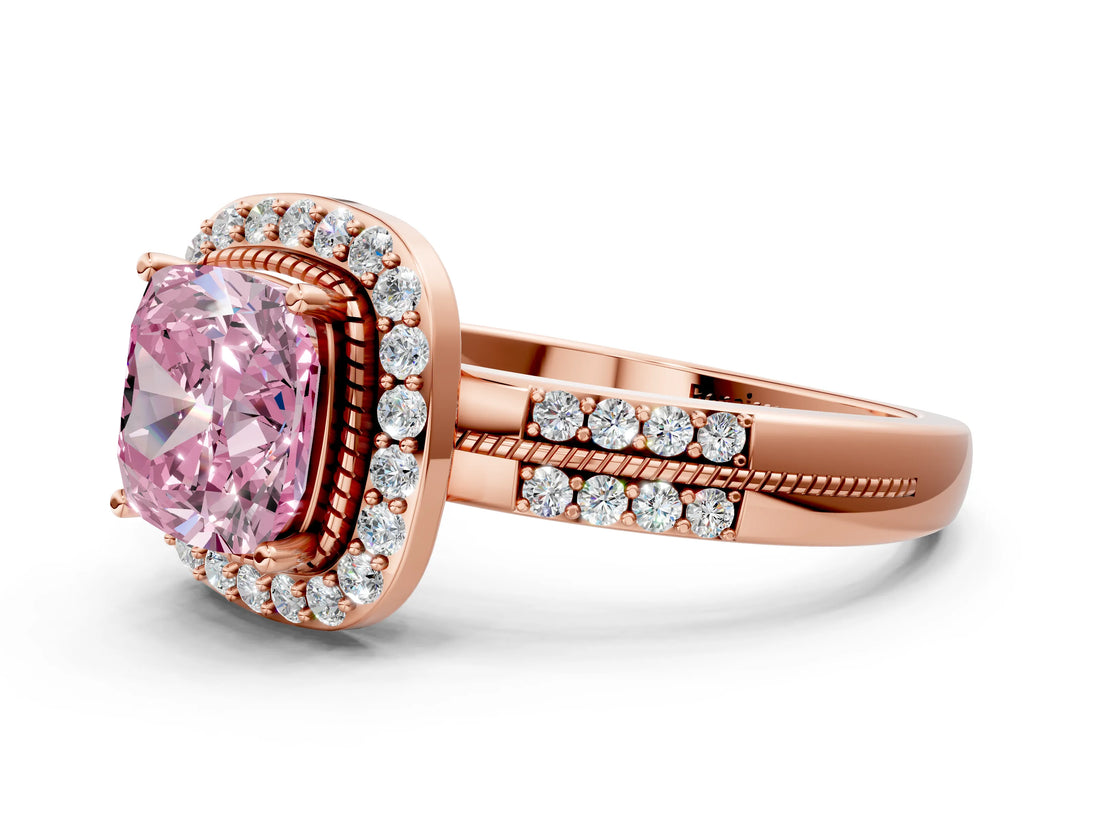 Rose gold Fancy Pink Cushion Cut Diamond Double Halo Ring with Split Shank and Four-Prong Setting