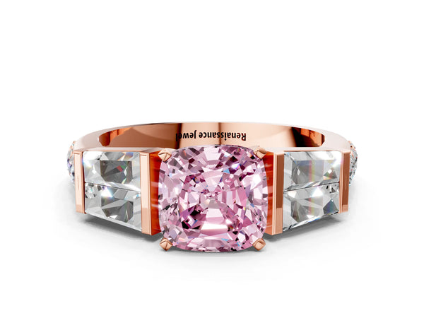 Rose gold Fancy Pink Cushion Cut Diamond Engagement Ring with Baguette Side Stones and Channel Set Band