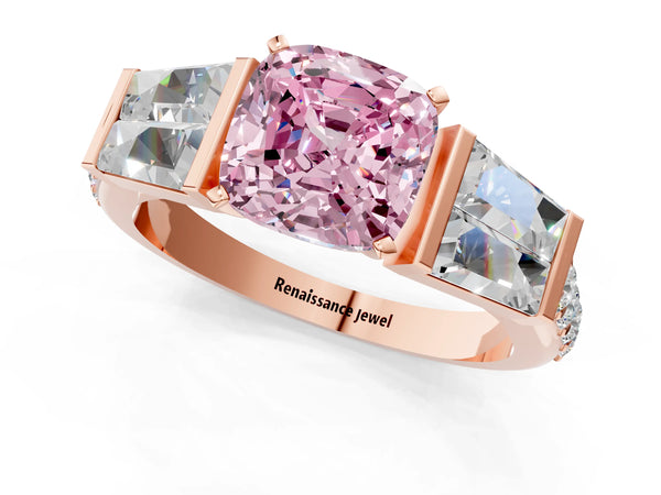 Rose gold Fancy Pink Cushion Cut Diamond Engagement Ring with Baguette Side Stones and Channel Set Band