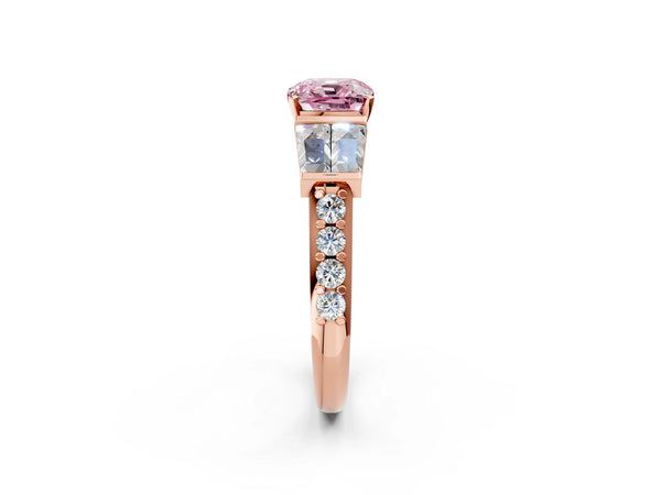 Rose gold Fancy Pink Cushion Cut Diamond Engagement Ring with Baguette Side Stones and Channel Set Band