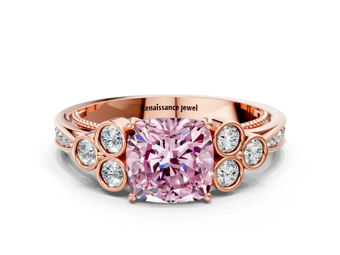 Rose gold Fancy Pink Cushion  Cut Diamond Engagement Ring with Bezel Set Round Side Stones and Prong Setting_49