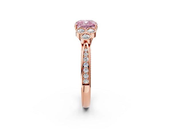 Rose gold Fancy Pink Cushion  Cut Diamond Engagement Ring with Bezel Set Round Side Stones and Prong Setting
