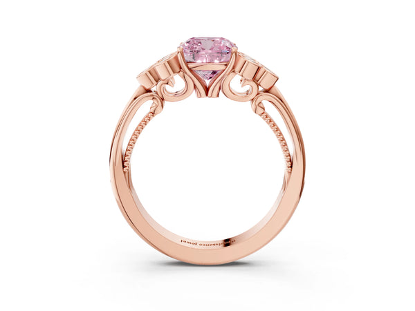 Rose gold Fancy Pink Cushion  Cut Diamond Engagement Ring with Bezel Set Round Side Stones and Prong Setting