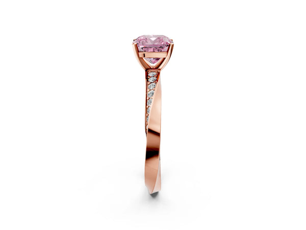 Rose gold Fancy Pink Cushion Cut Diamond Engagement Ring with Side Stone Accents and Four-Prong Setting