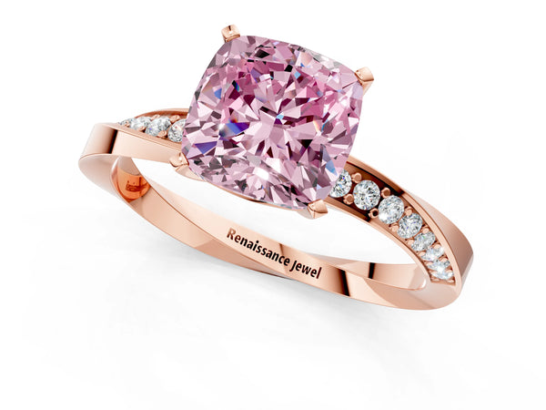 Rose gold Fancy Pink Cushion Cut Diamond Engagement Ring with Side Stone Accents and Four-Prong Setting