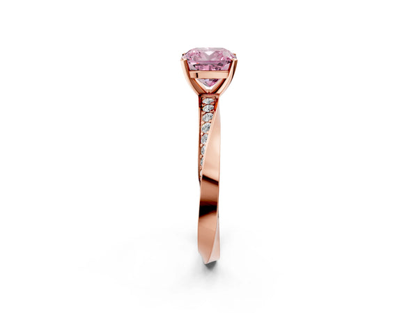 Rose gold Fancy Pink Cushion Cut Diamond Engagement Ring with Side Stone Accents and Four-Prong Setting