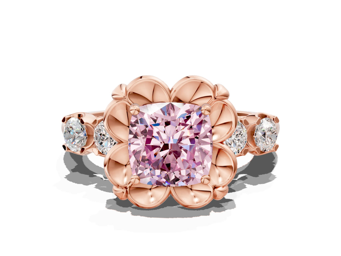 Rose gold Fancy Pink Cushion  Cut Diamond Floral Halo Engagement Ring with Shared Prong Setting 2