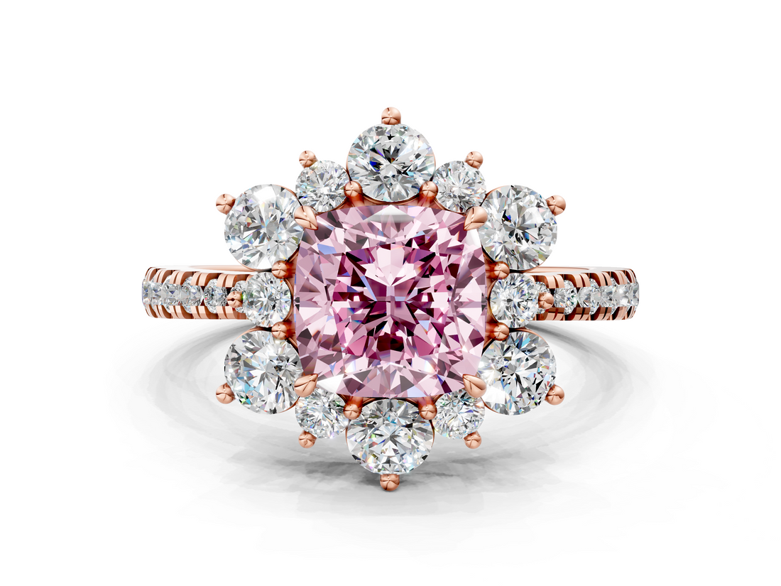 Rose gold Fancy Pink Cushion  Cut Diamond Floral Halo Pave Band with Prong Setting_38