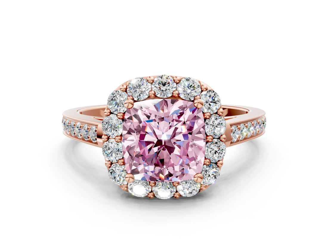 Rose gold Fancy Pink Cushion Cut Diamond Floral Halo Ring with Pavé Band and Prong Setting_3