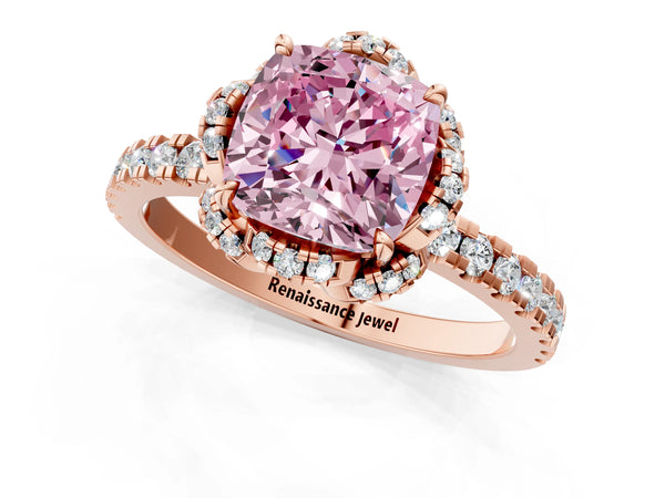 Rose gold Fancy Pink Cushion Cut Diamond Halo Pave Band with Four-Prong Setting