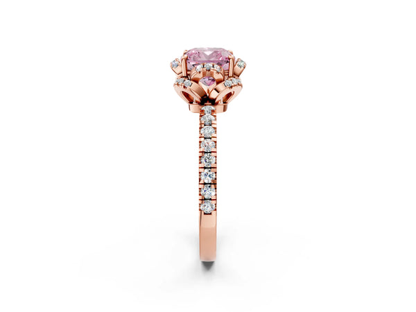 Rose gold Fancy Pink Cushion Cut Diamond Halo Pave Band with Four-Prong Setting